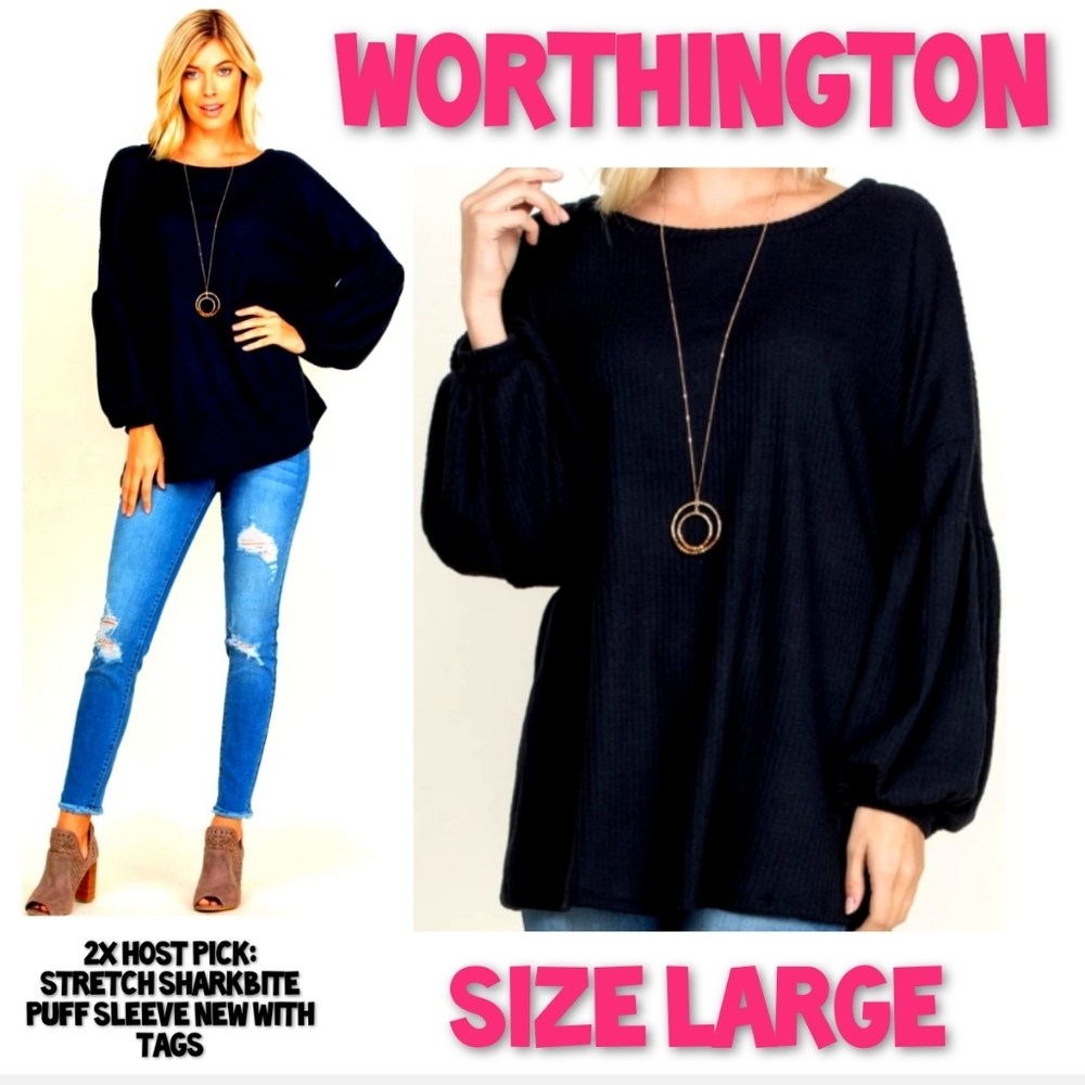 Worthington Top Size L Puff Sleeve High Low Shark Bite Stretch NWT